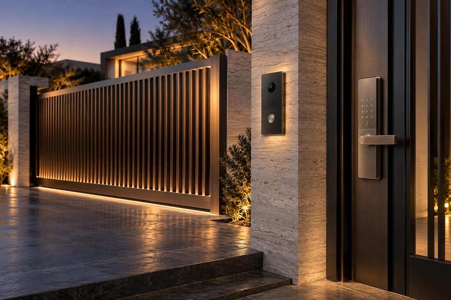 A bronze estate gate, discreet video intercom and smart lock