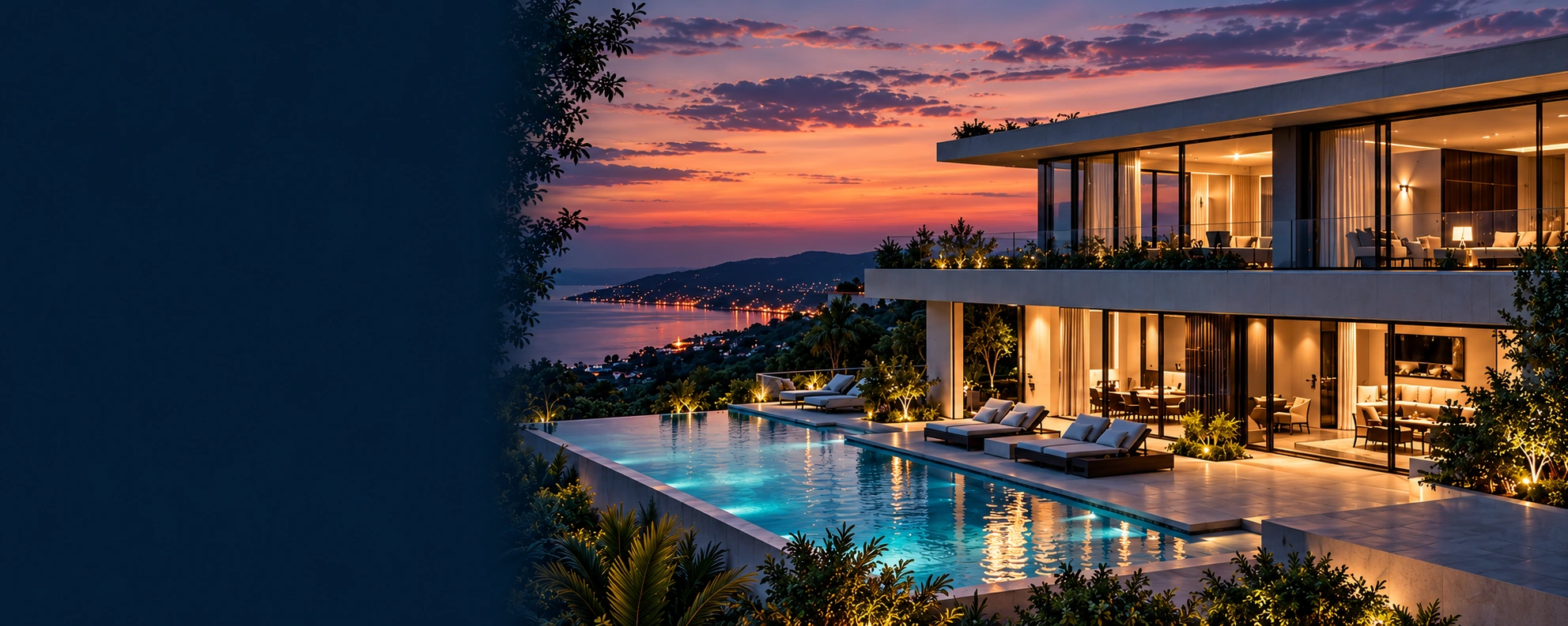 A contemporary waterfront estate at dusk with its lights on, the kind of connected home Tech Armour assesses